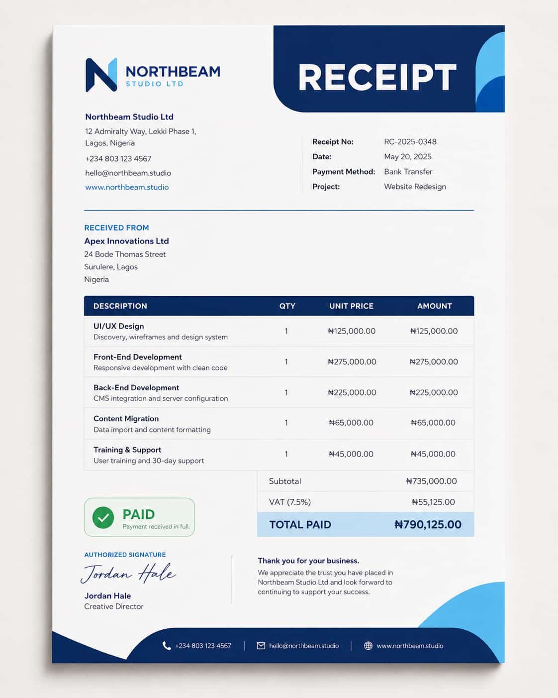 Receipt design sample