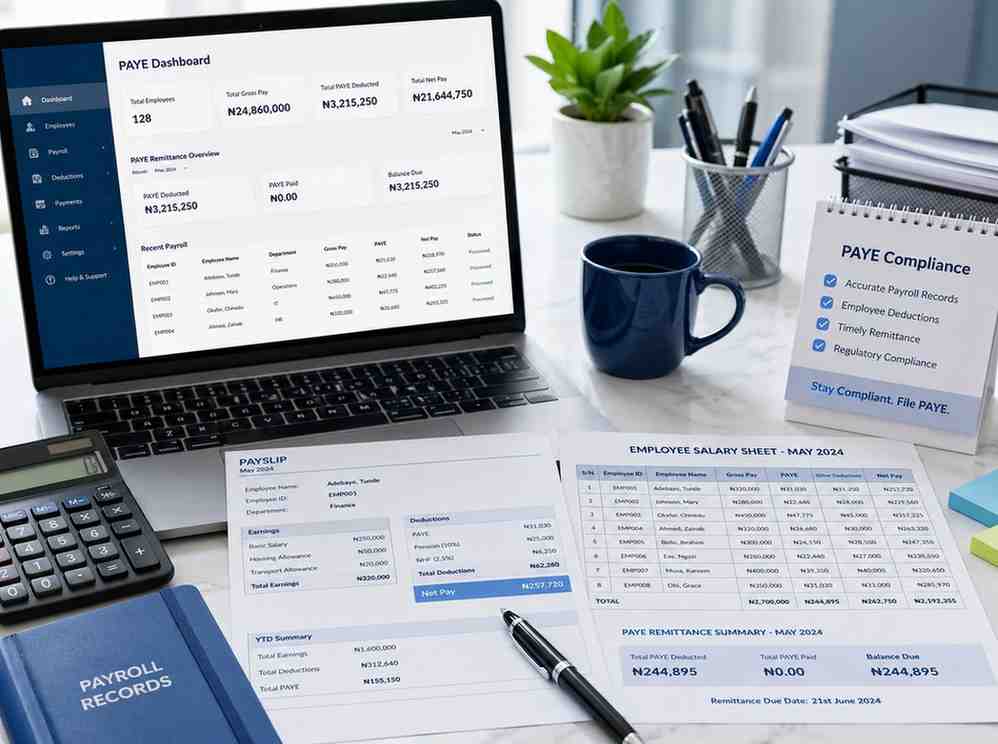 Organized payroll records, salary details, and PAYE dashboard for Nigerian employer tax guidance.