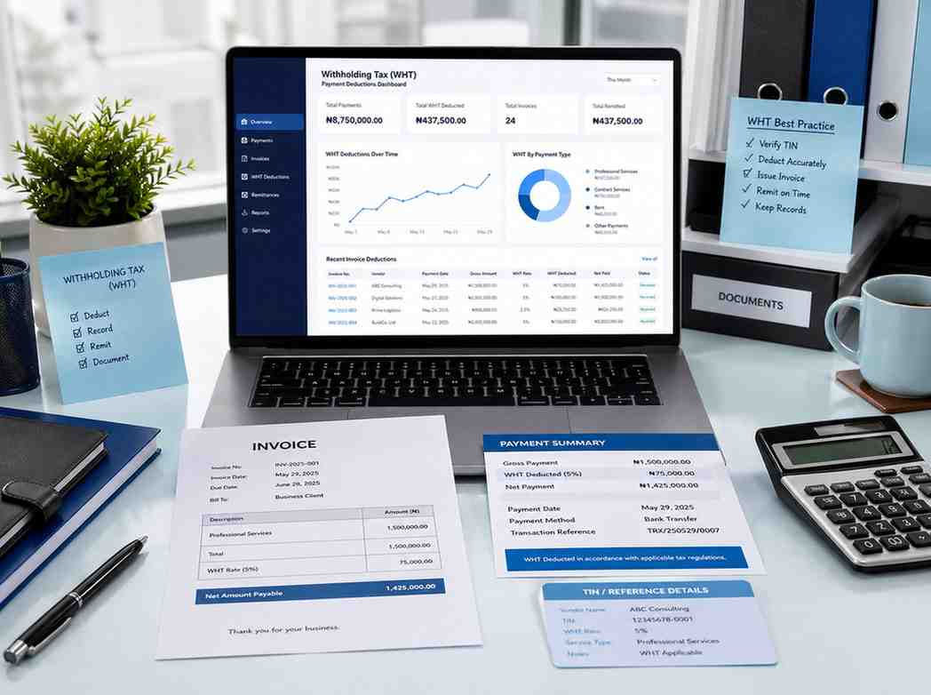 Organized invoices, payment records, and withholding tax dashboard for WHT guidance.